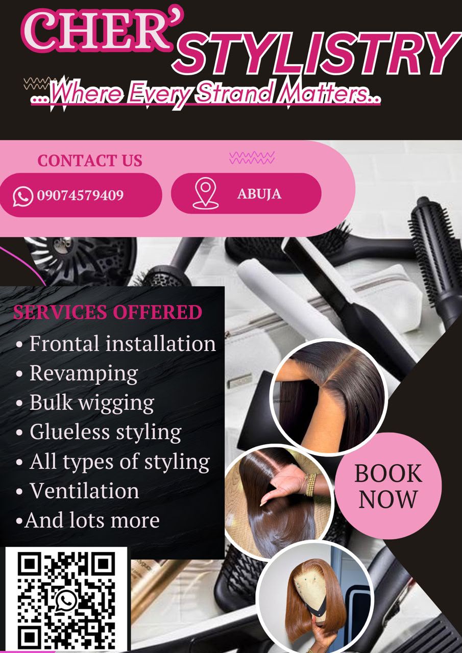 Original CHER’ STYLISTRY flyer supplied for this advert, listing Abuja wig services and WhatsApp number 09074579409