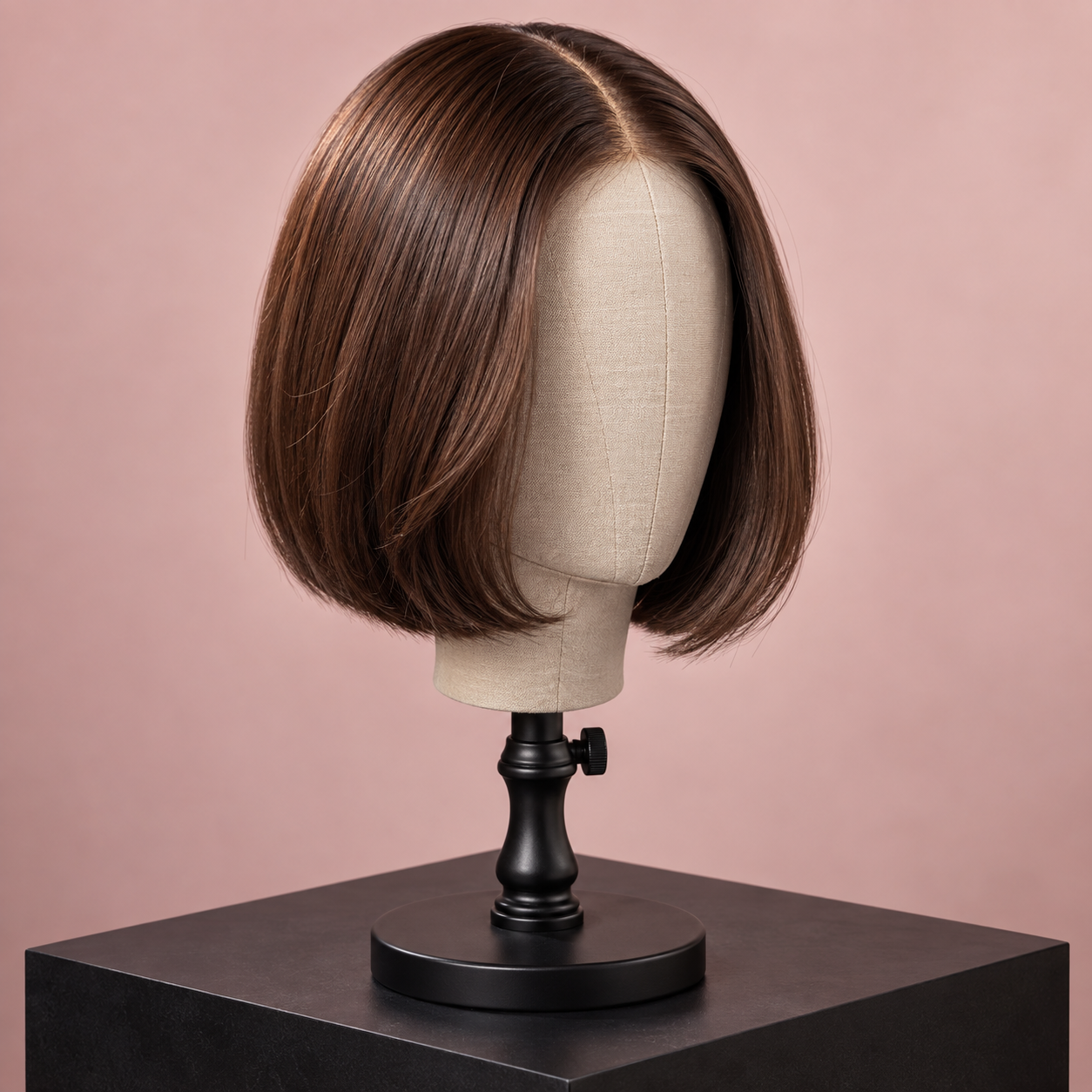 AI-created chestnut bob wig on a display mannequin