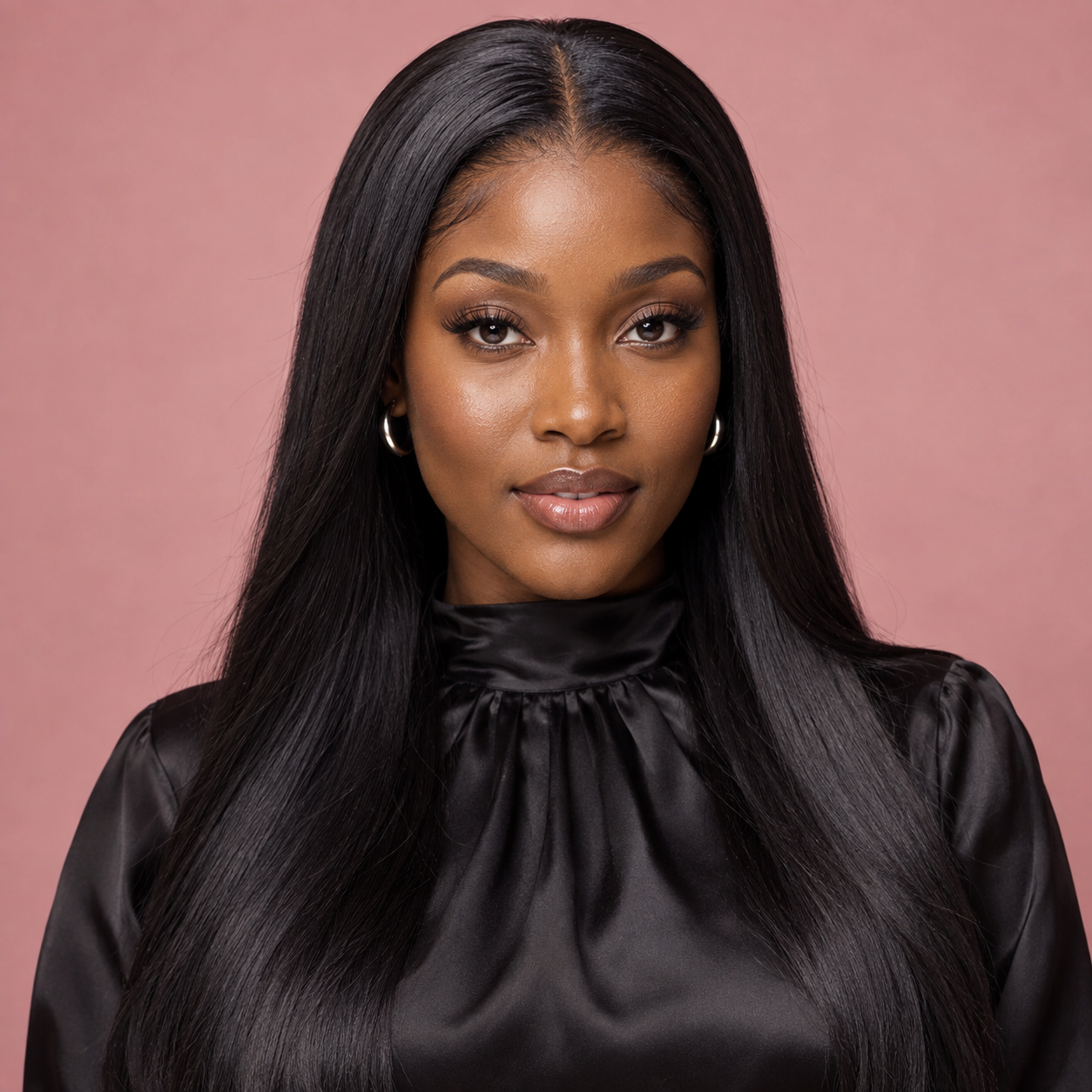 AI-created adult model illustrating a sleek black centre-part hairstyle