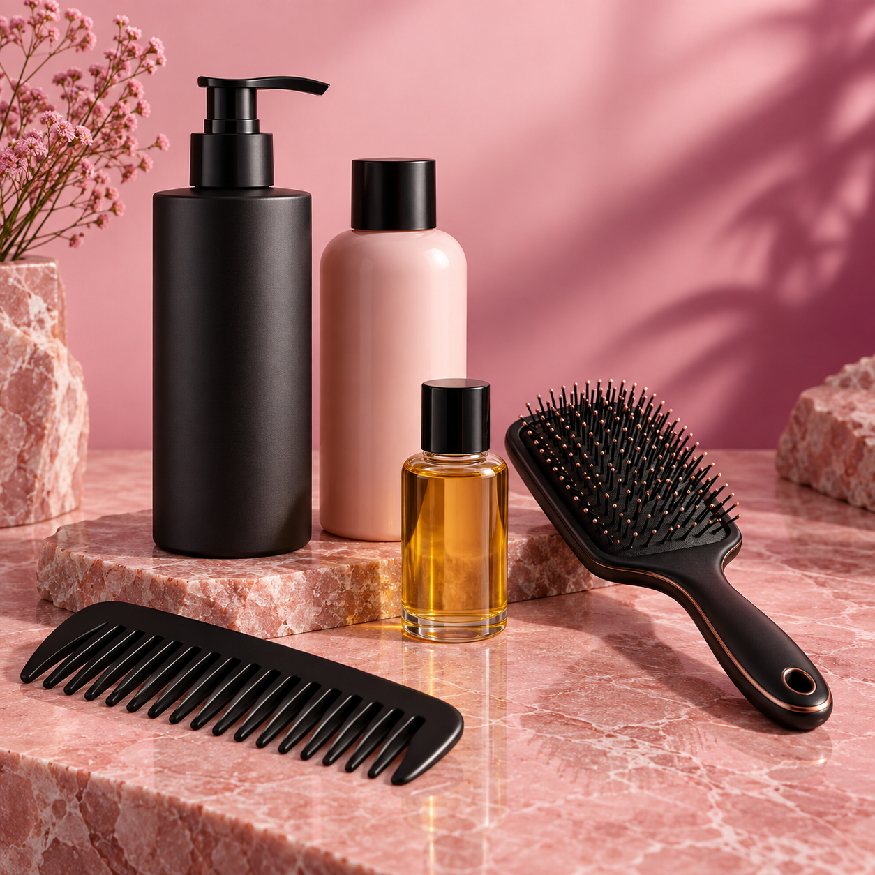 AI-created unbranded hair-care bottles and styling tools arranged as a still life