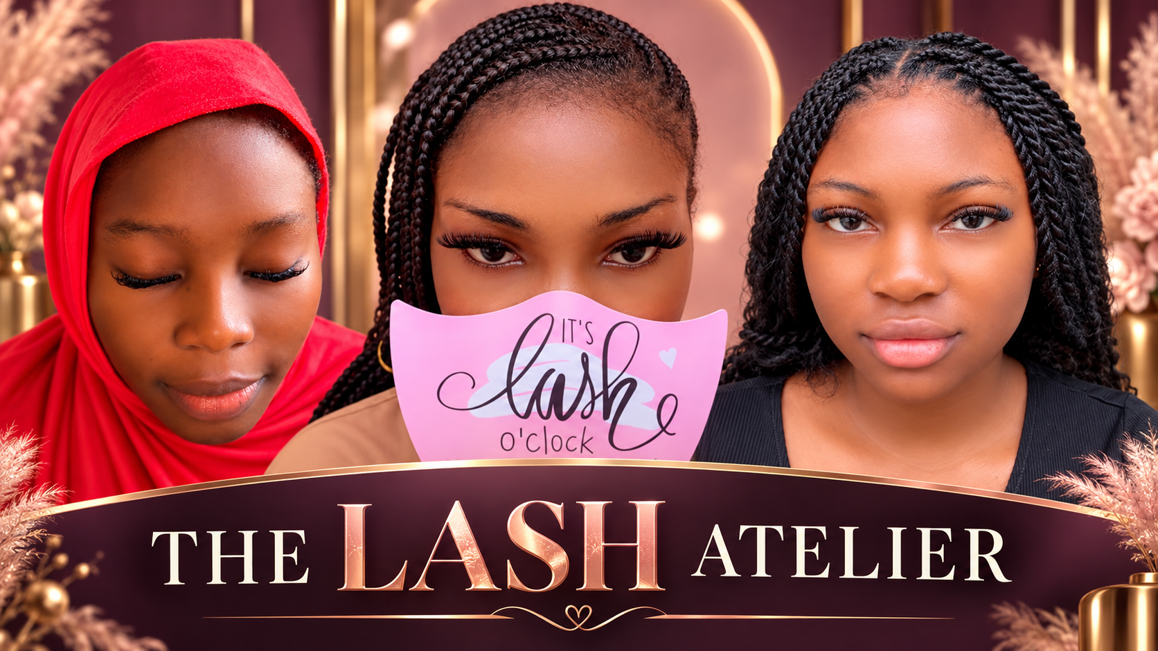 Three distinct clients showing lash looks in a rose-gold promotional composition for The Lash Atelier
