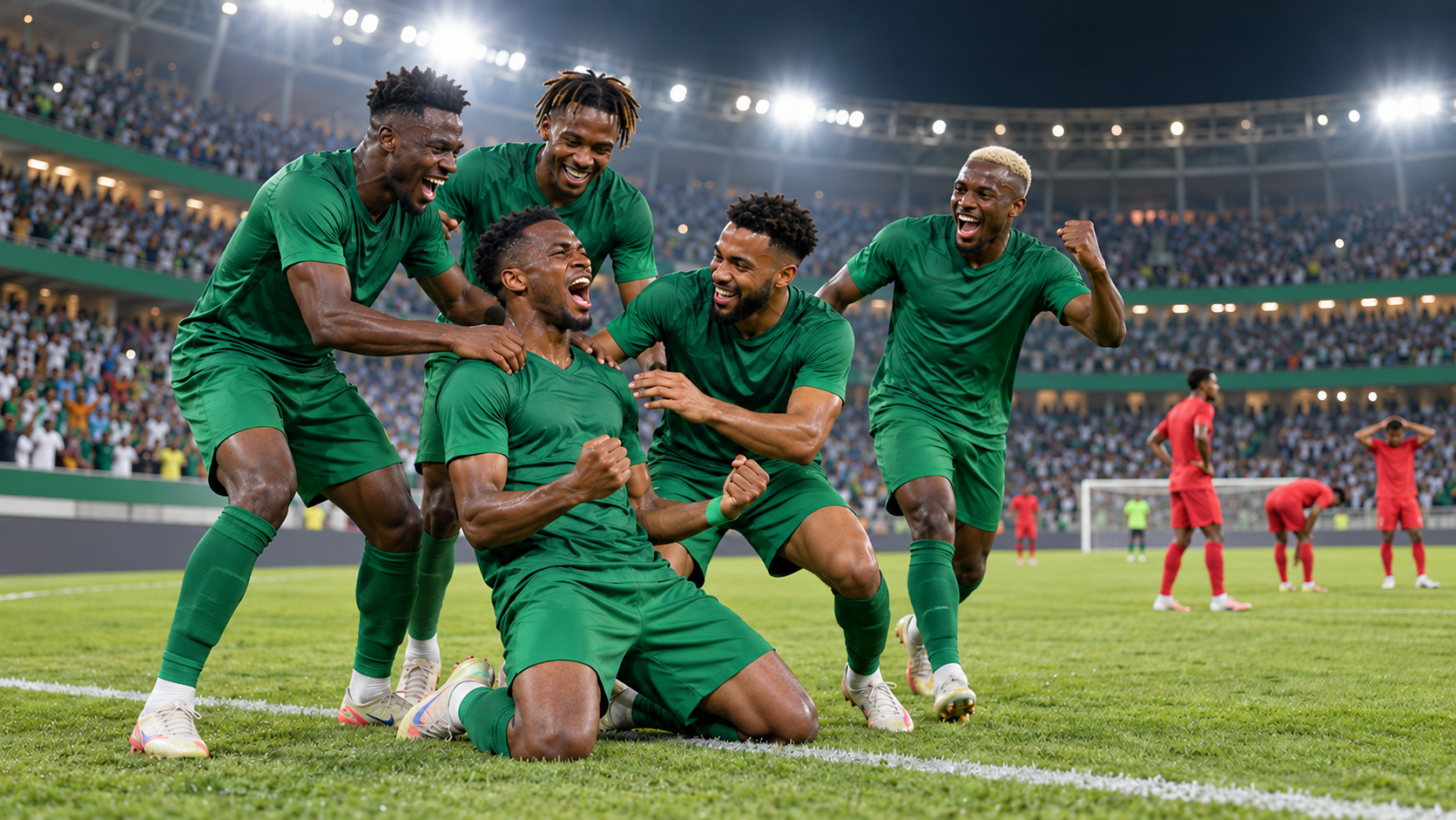Illustrative scene of footballers in green celebrating under stadium lights while opponents in red regroup