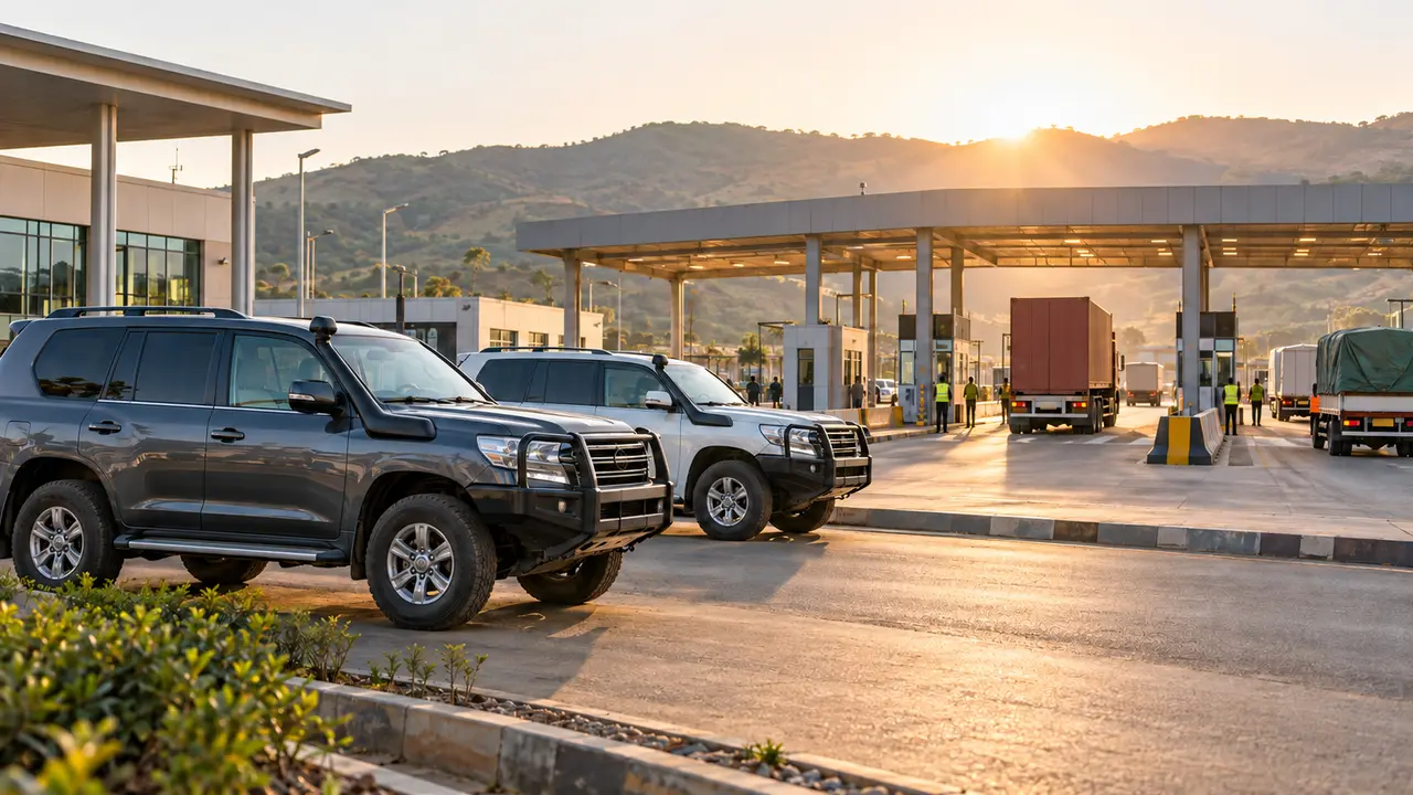 AI-created editorial illustration of unbranded patrol vehicles beside an East African border crossing and freight lane
