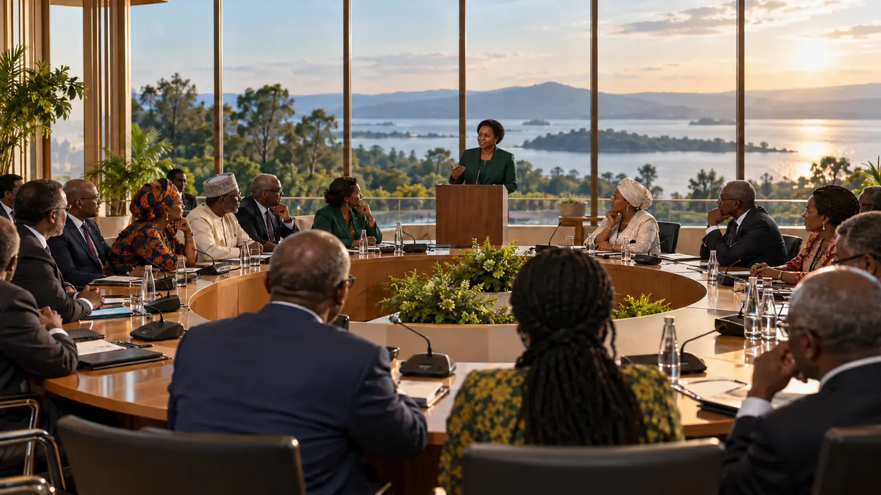 AI-created editorial illustration of fictional African policy delegates meeting beside Lake Tana