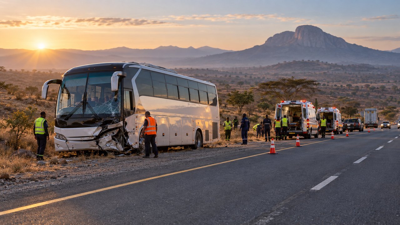 AI-created editorial illustration of emergency responders beside a damaged fictional coach on a highway in a dry East African landscape