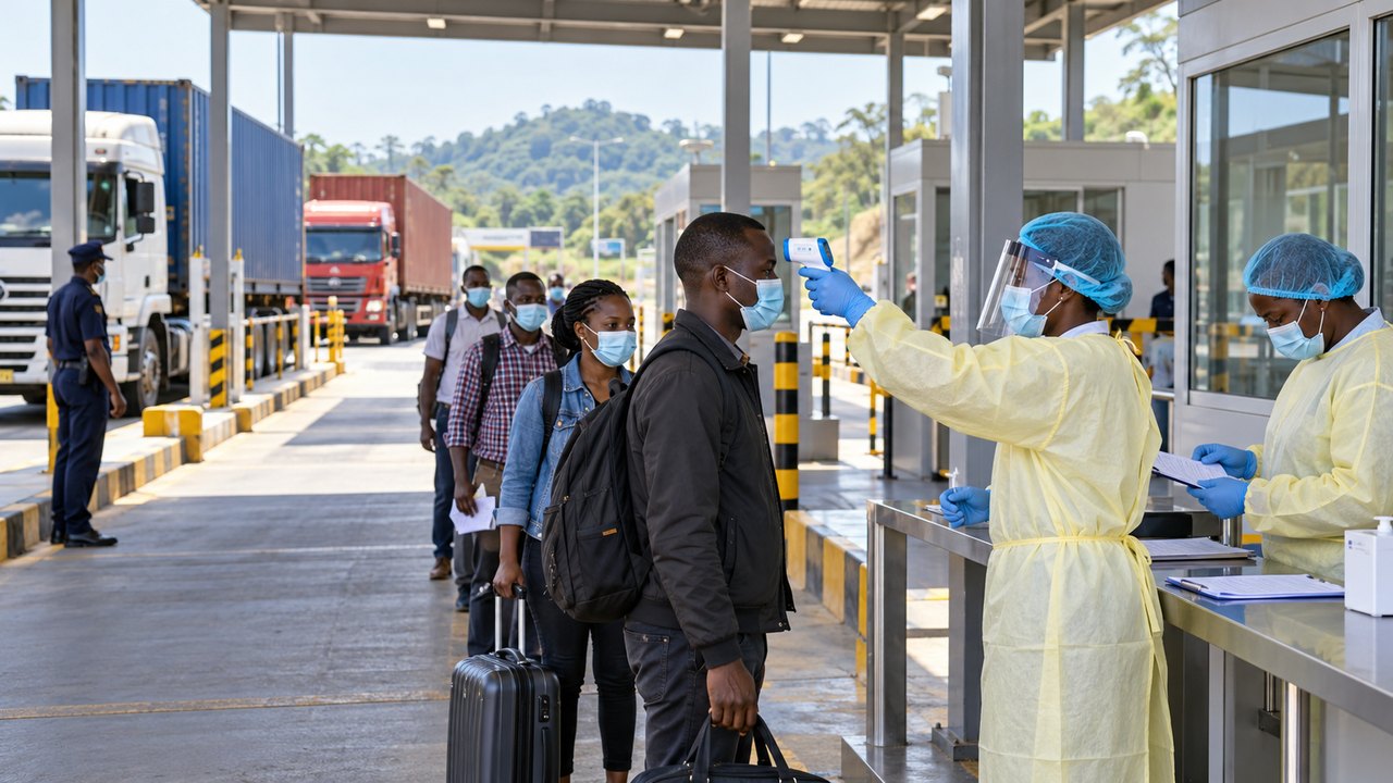 AI-created editorial illustration of fictional travellers undergoing calm health screening at an East African land border