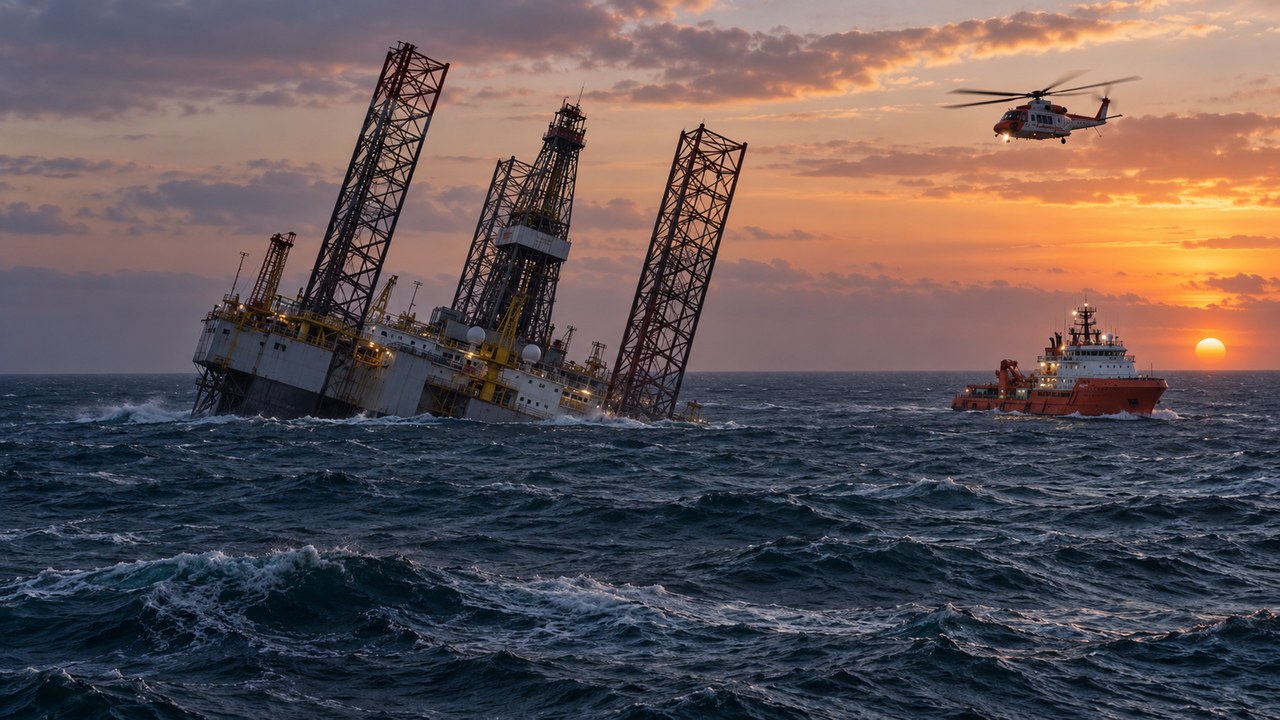 AI-created editorial illustration of a fictional jack-up rig listing offshore while a rescue ship and helicopter approach