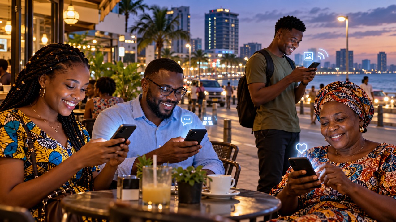 AI-created editorial illustration of four fictional Gabonese residents using smartphones at a Libreville waterfront cafe after social access returns