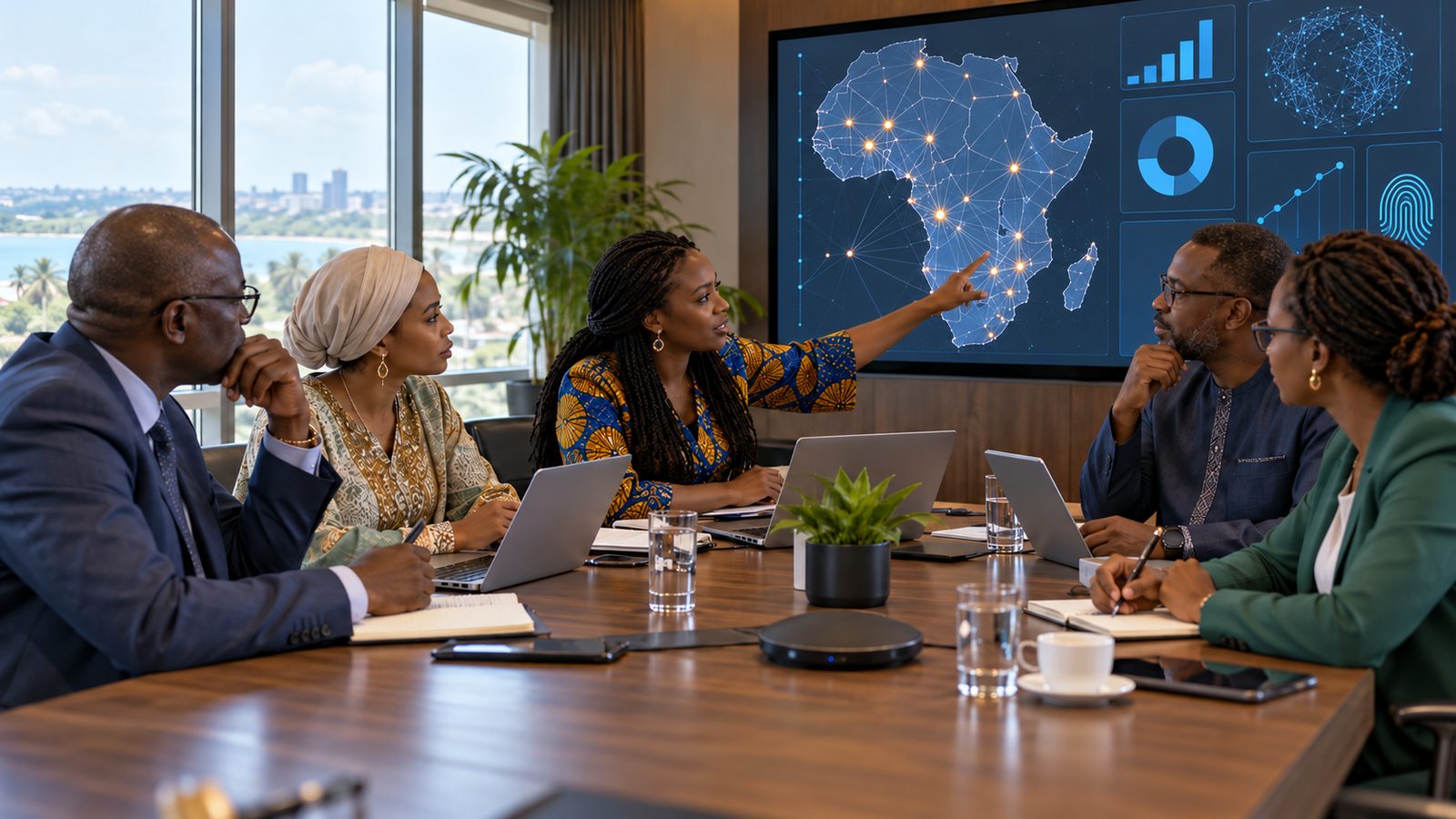 AI-created editorial illustration of five fictional African policy delegates discussing an unlabeled digital network map of Africa