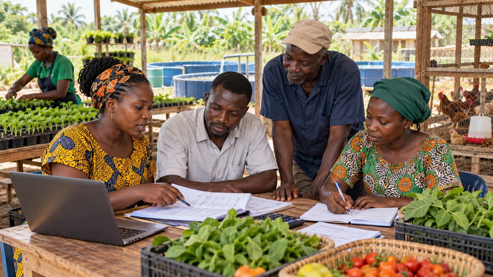 AI-created editorial illustration of fictional Beninese rural entrepreneurs reviewing farm records beside seedlings, aquaculture tanks and poultry