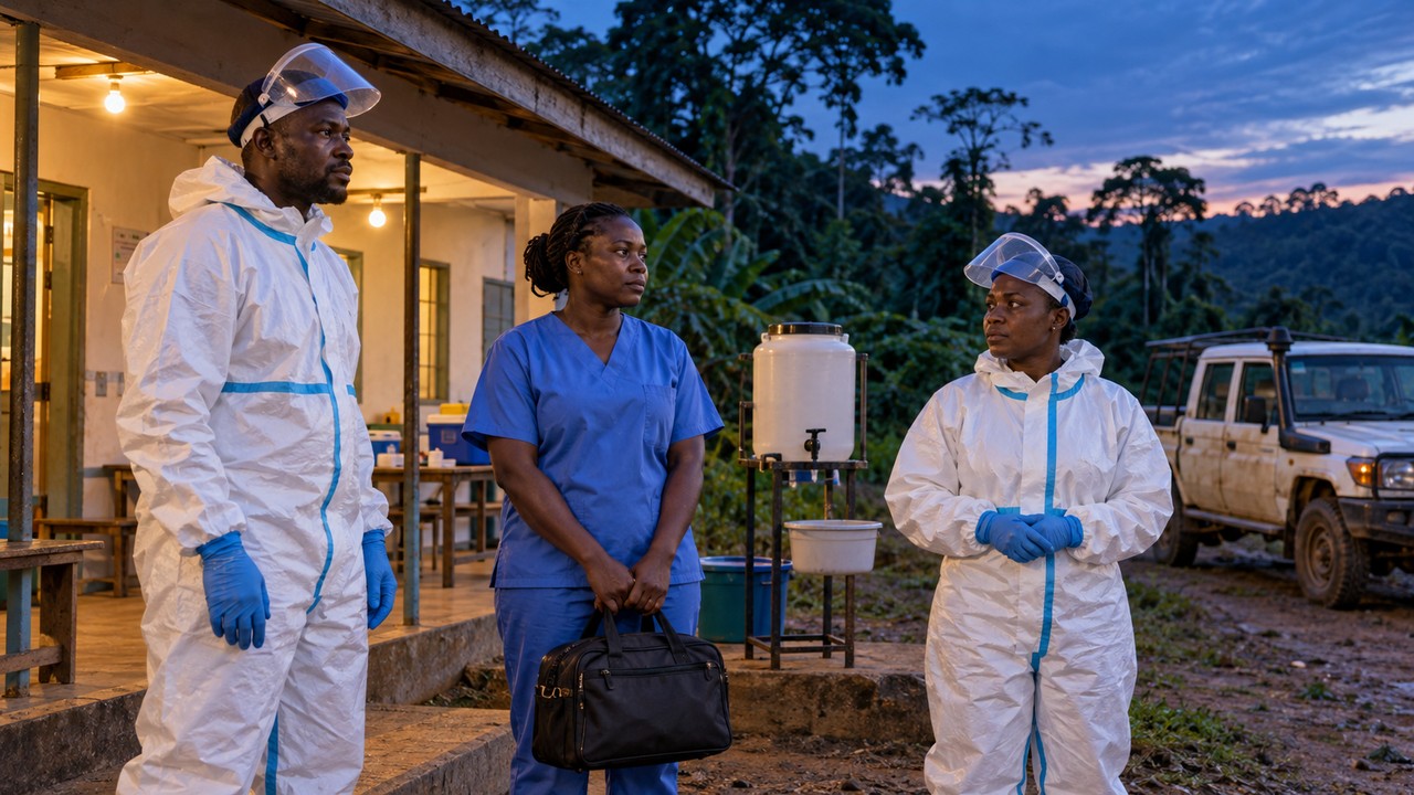 AI-created editorial illustration of three fictional Congolese Ebola response workers outside a rural health post at dusk