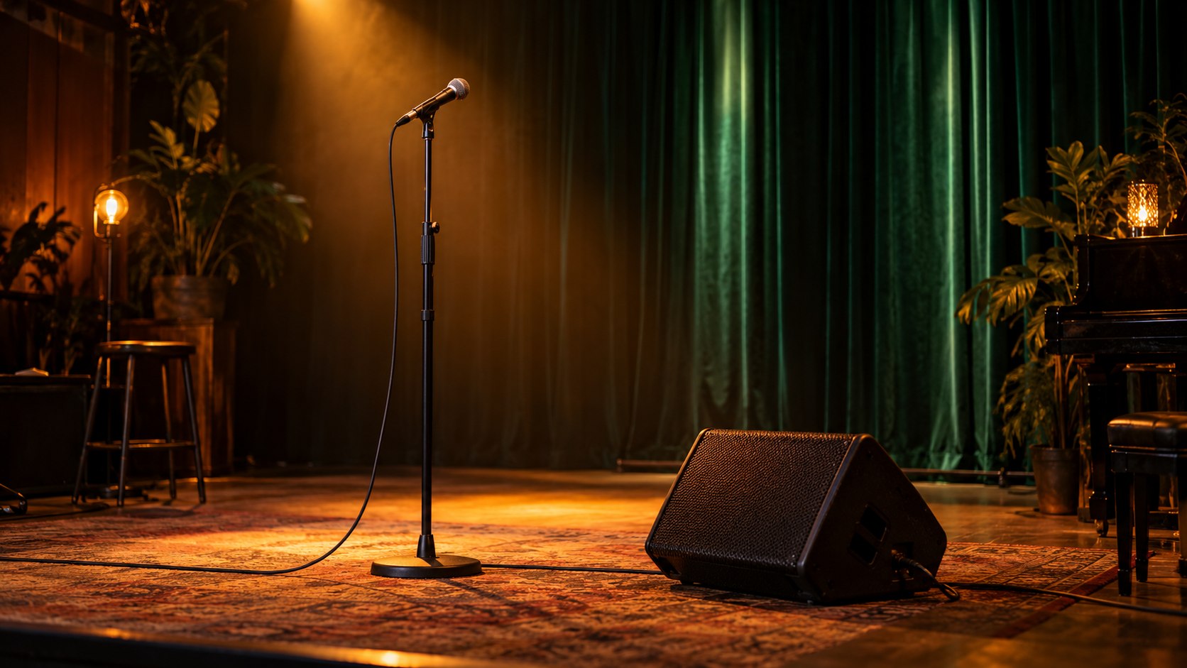 Microphone on an empty imagined music stage, an AI-created editorial illustration