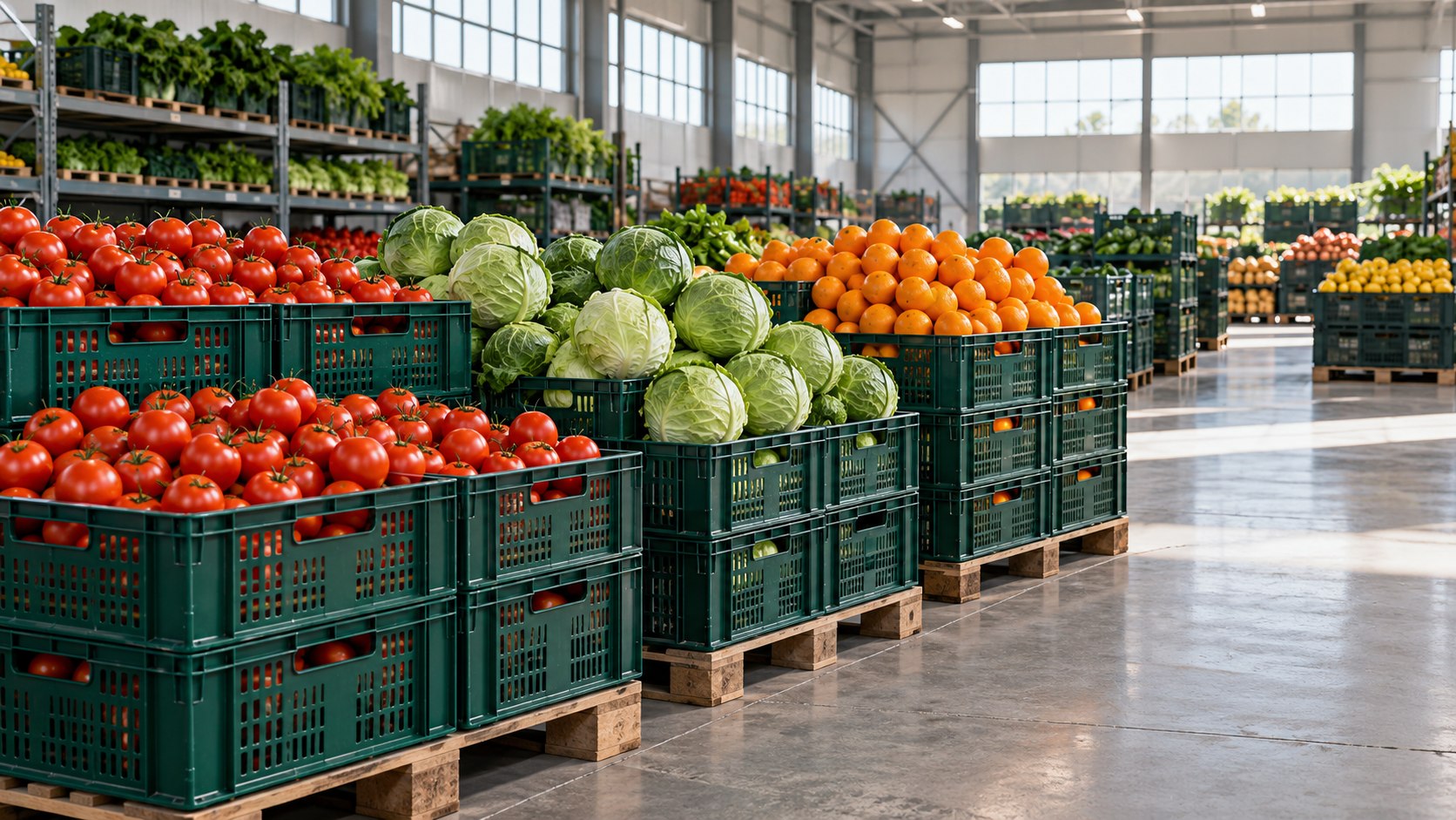 Crates of vegetables and fruit in an imagined wholesale market, an AI-created illustration