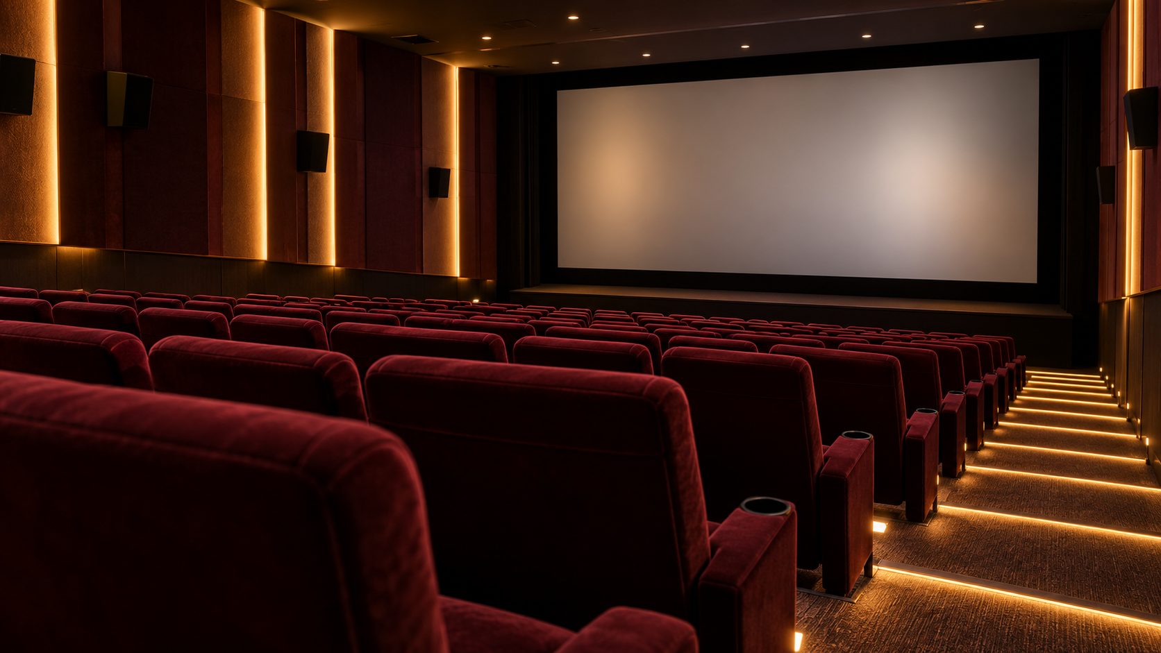 AI-created illustration of an empty cinema auditorium with red seats and a blank screen