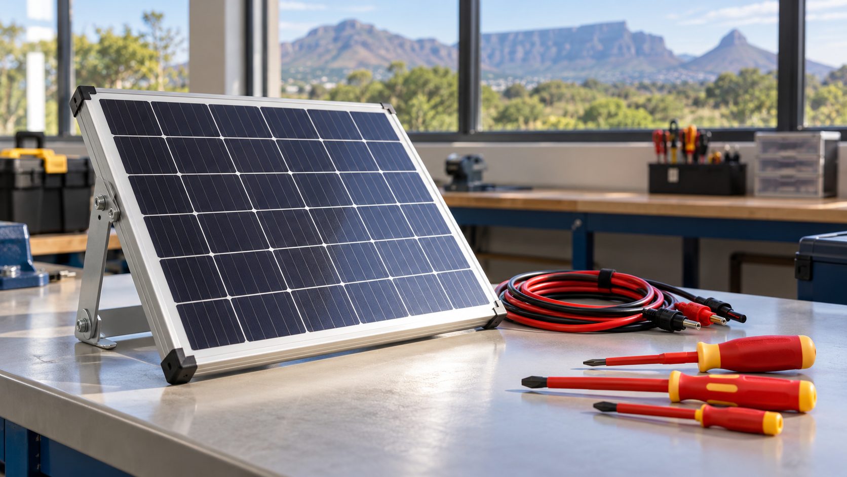 AI-created conceptual image of a small solar panel and insulated tools on a training bench