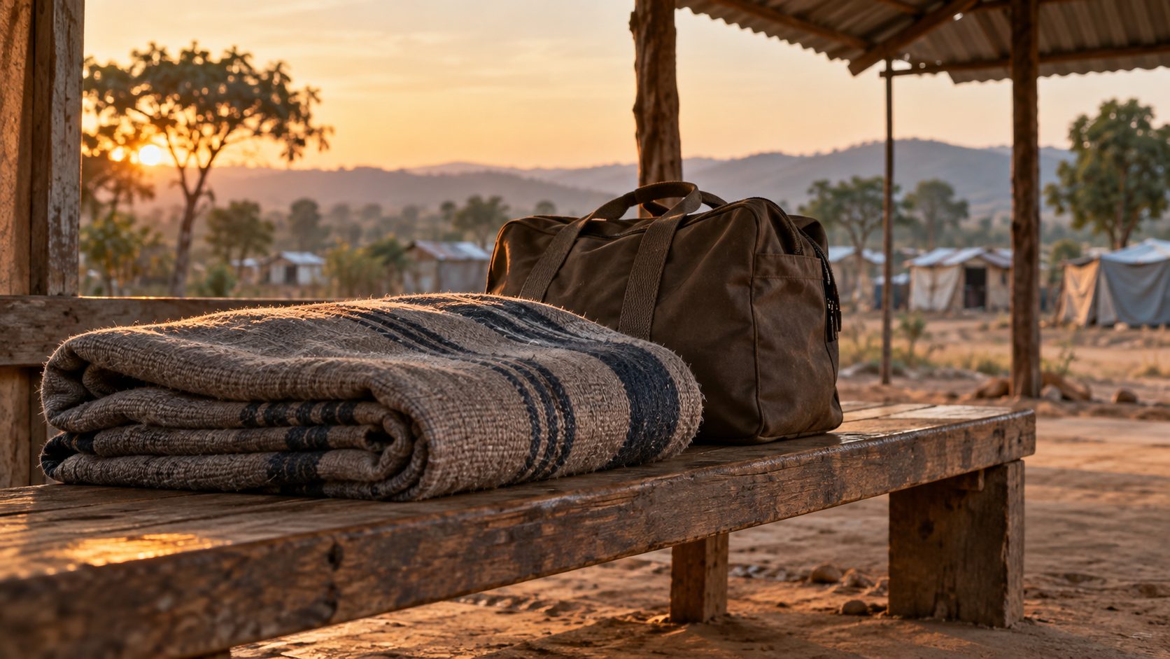 AI-created conceptual image of a blanket and travel bag on a bench, illustrating displacement