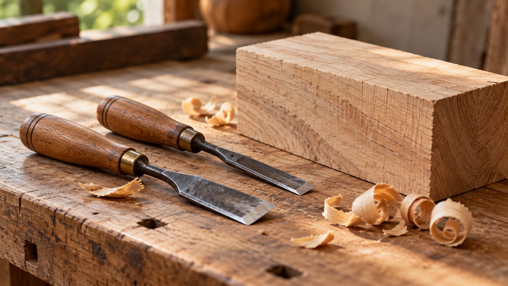 AI-created illustration of carving tools, a plain wood block and shavings on a bench