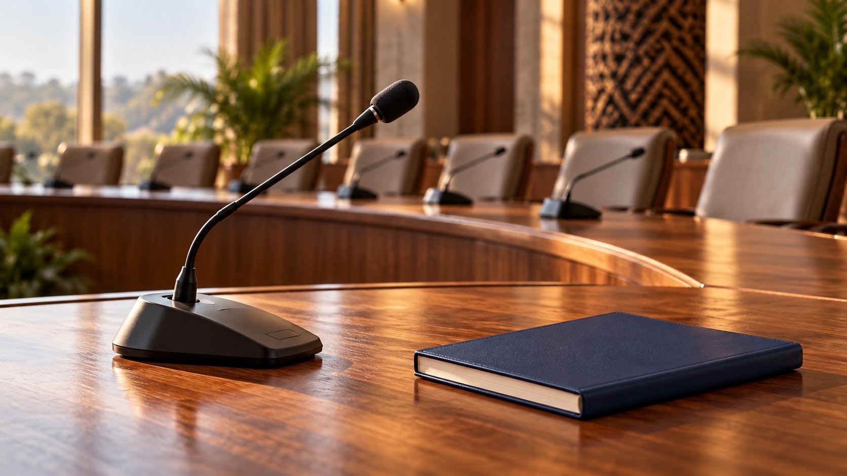 AI-created illustration of a conference microphone and notebook beside empty meeting chairs