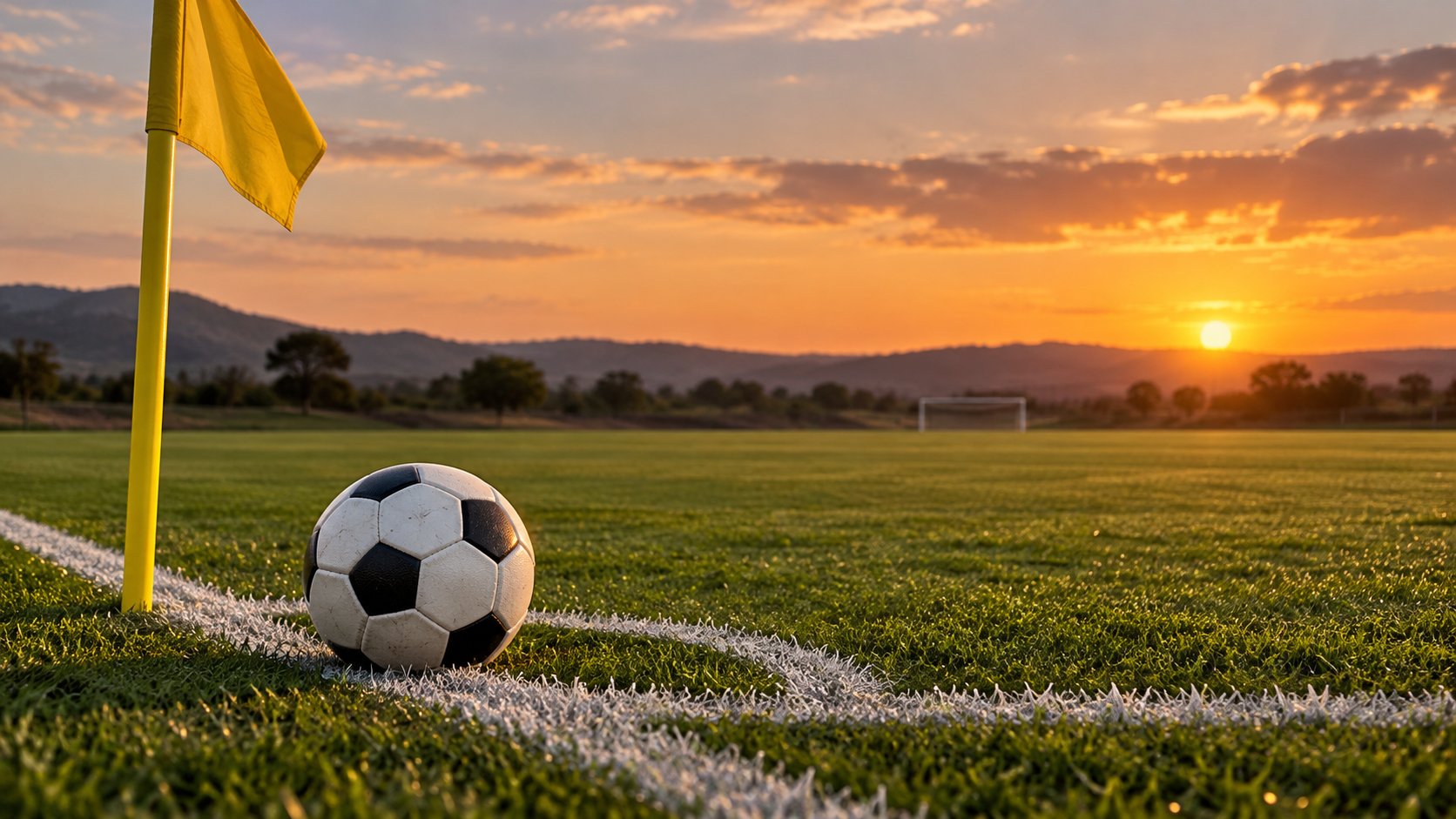 AI-created illustration of a football and corner flag on an empty pitch at sunset