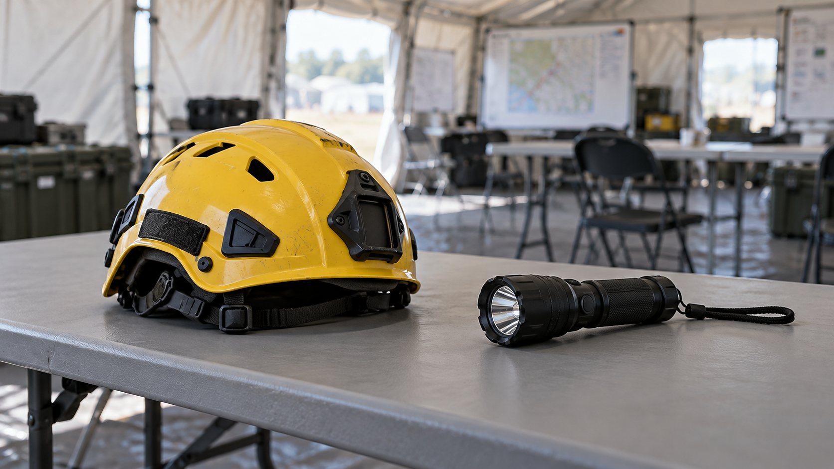AI-created editorial image of a rescue helmet and flashlight on an equipment table
