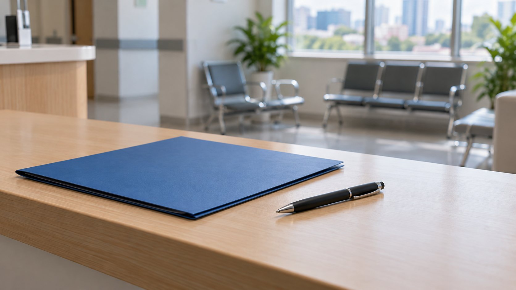 AI-created editorial image of a closed blue folder and pen on a desk in an empty clinic waiting area