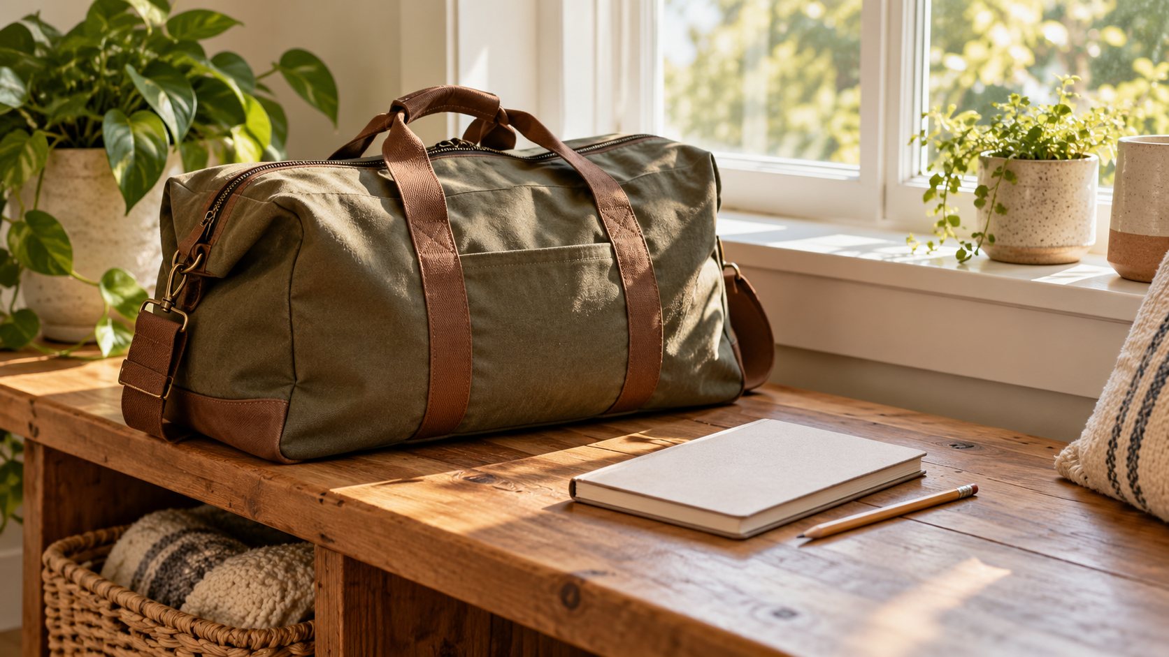 AI-created editorial image of a canvas weekend bag, blank notebook and pencil beside a window