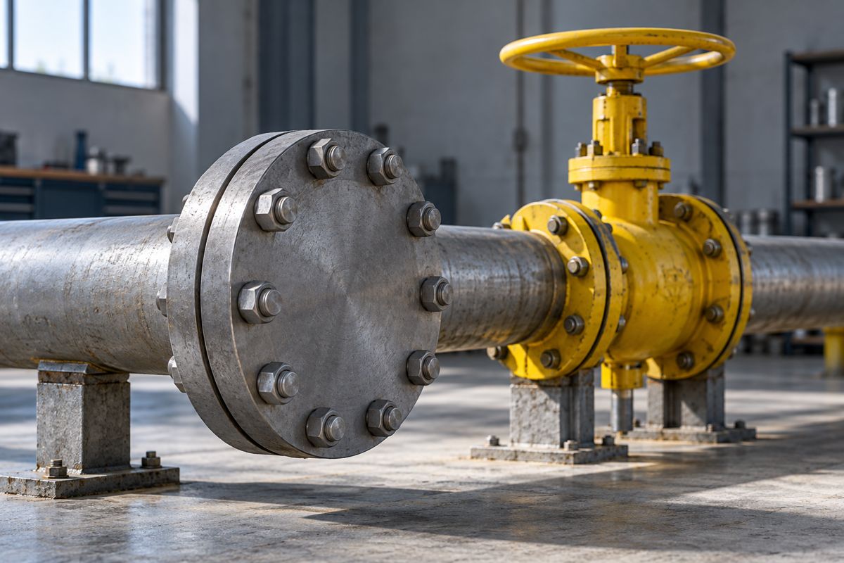 AI-created editorial still life of an industrial gas pipe, bolted flange and yellow valve