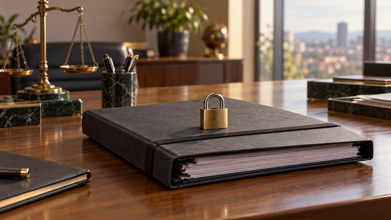 Conceptual image of a closed document folder and brass padlock on a desk
