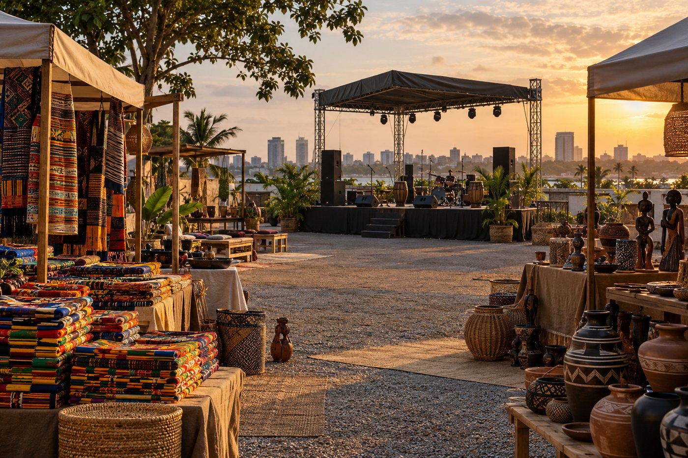 AI-created imagined Accra creative market with woven textiles, craft stalls and an unbranded empty stage; not an actual AFESTACC venue or setup
