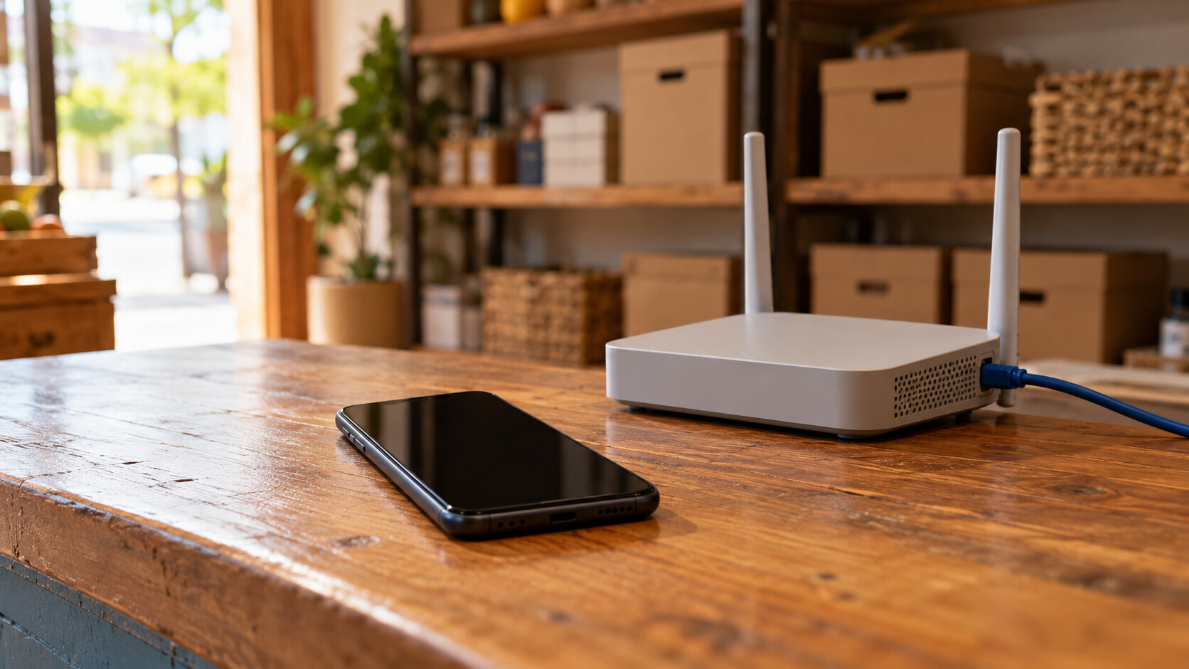 An unbranded smartphone with a dark screen and a separate router on an imagined small-business counter