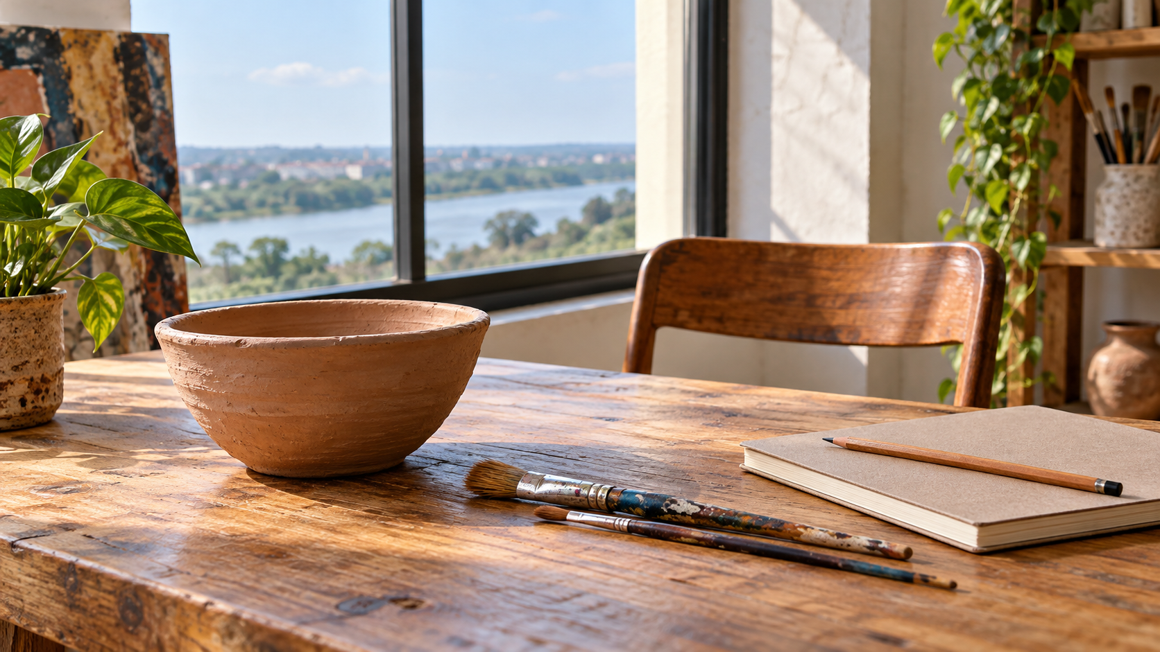 A clay bowl, paintbrushes, a closed notebook and pencil on a table in an imagined creative workshop