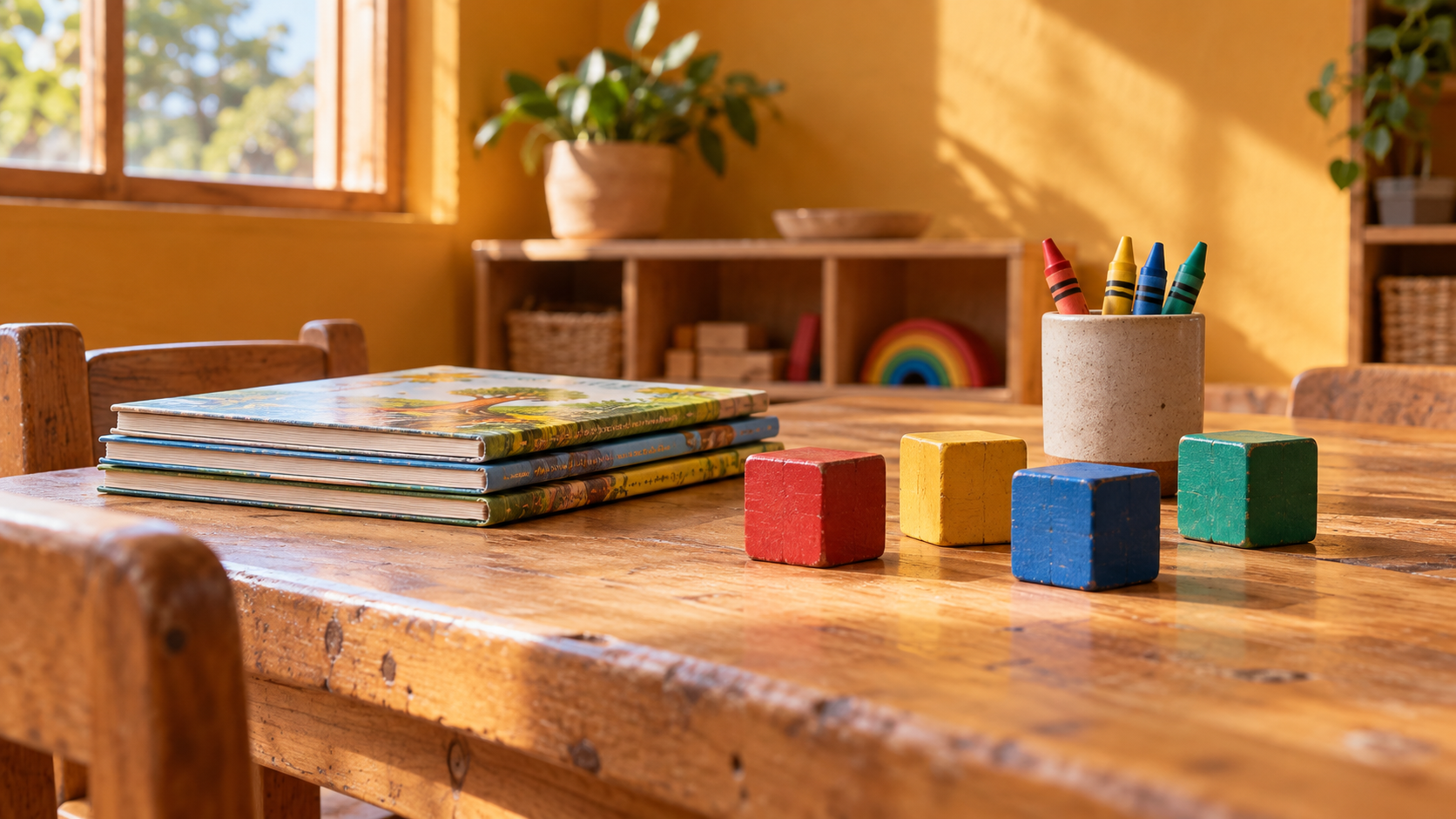 AI-created conceptual image of an empty early-learning table with closed books, wooden counting blocks and crayons