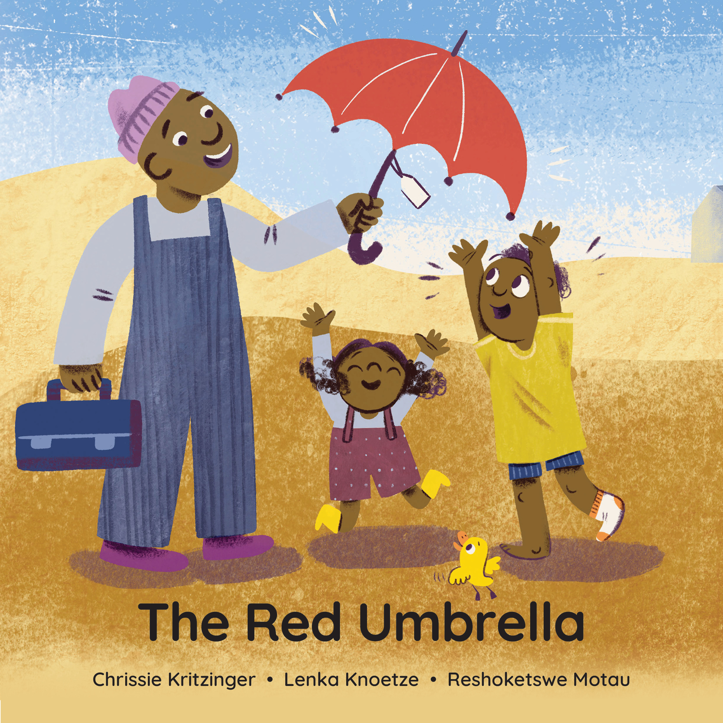 The illustrated cover of The Red Umbrella, showing a family sheltering beneath a red umbrella