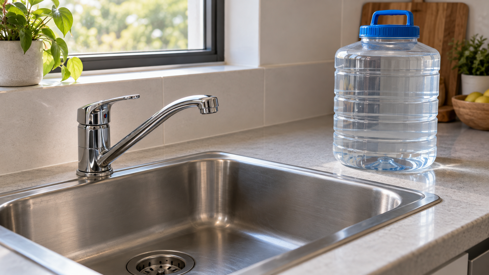 A closed kitchen tap and a separate lidded drinking-water container in an imagined home