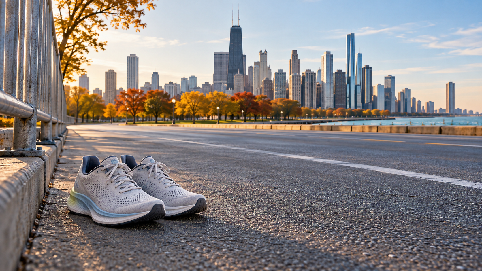 AI-created conceptual image of two unbranded running shoes beside an empty road and autumn trees with Chicago’s skyline in the distance; not race-day photography