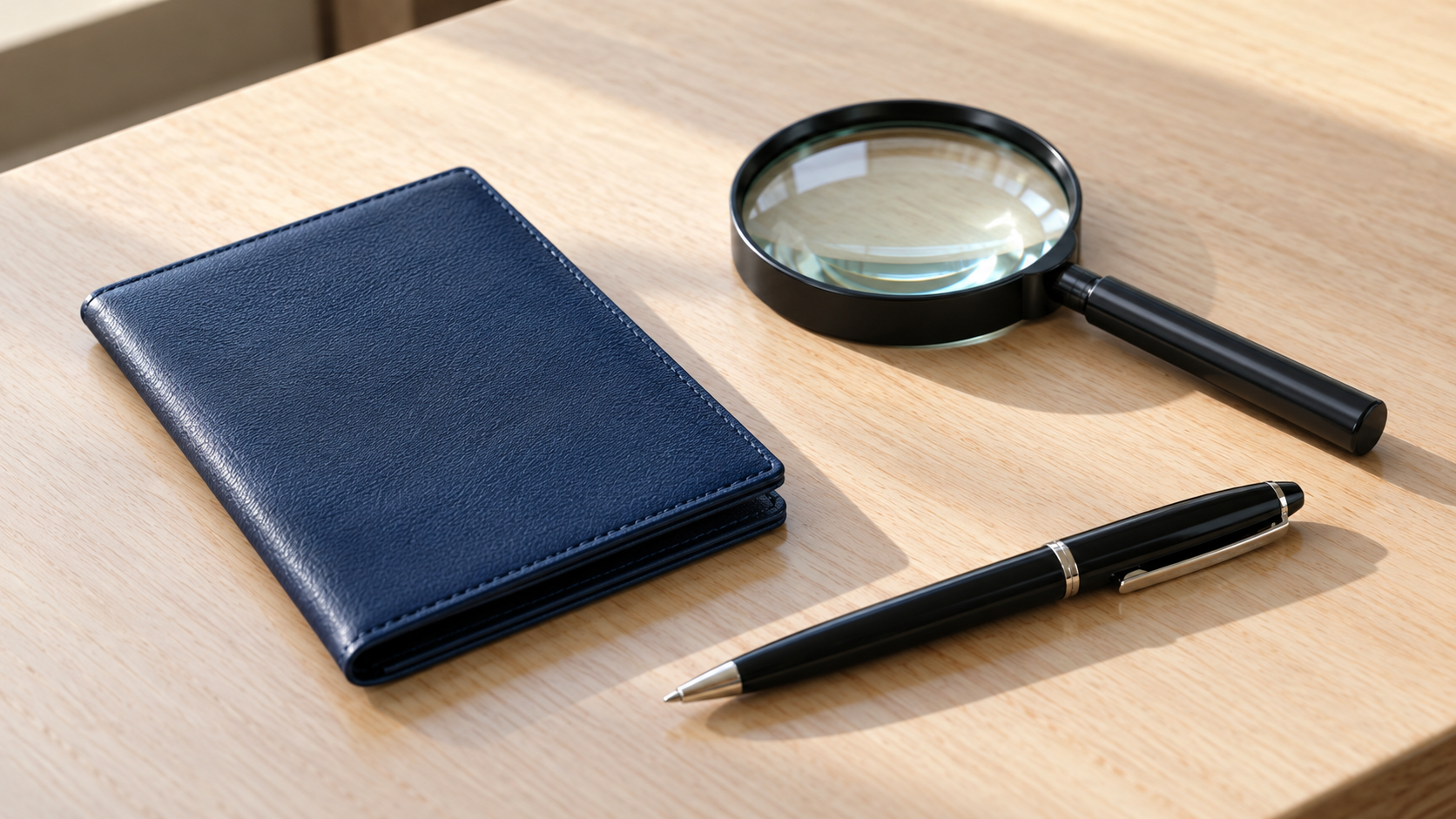 A closed unmarked blue document wallet, magnifying glass and pen on an empty administrative counter
