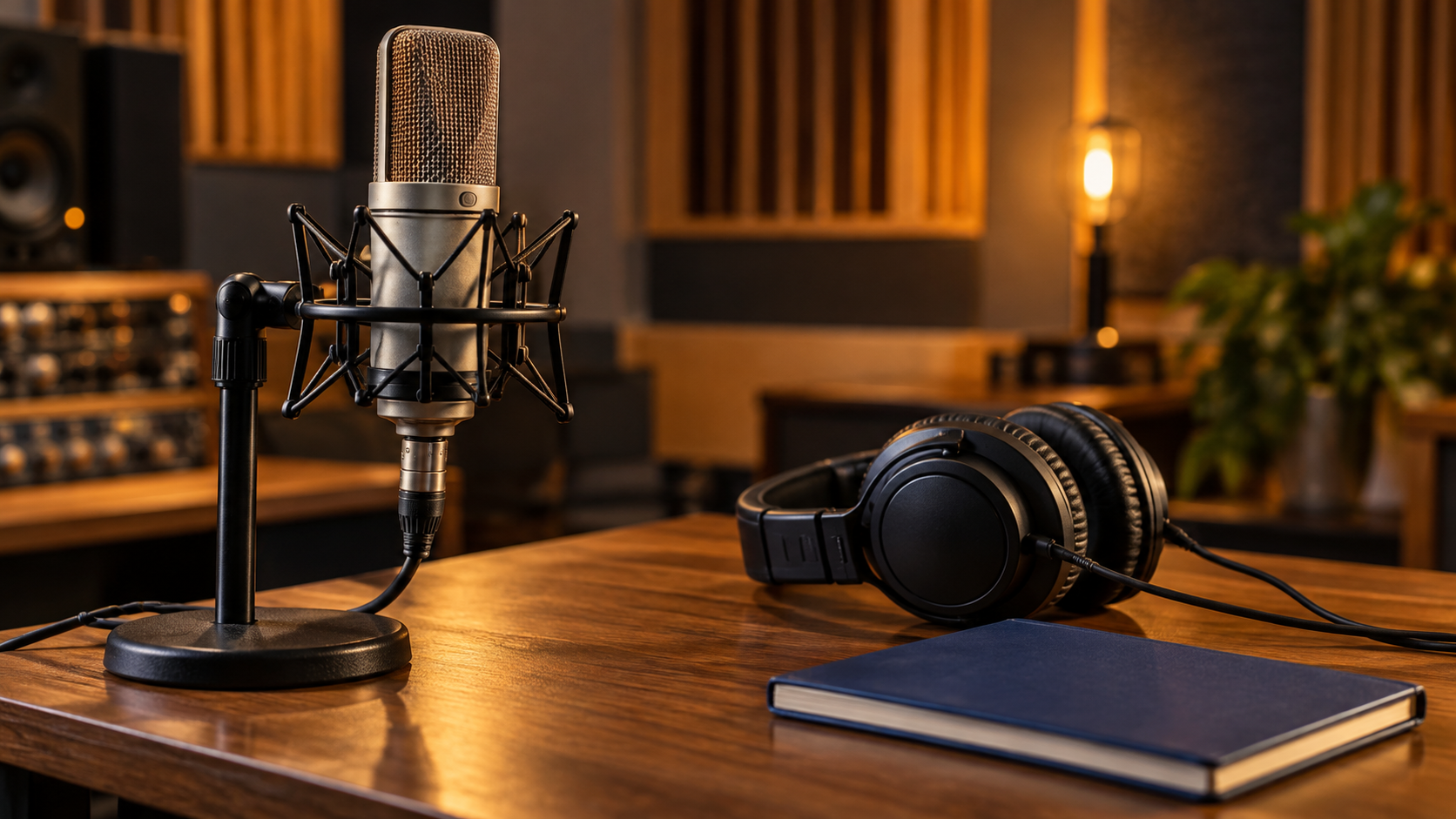 An unbranded studio microphone, headphones and a closed blue notebook in an imagined recording room