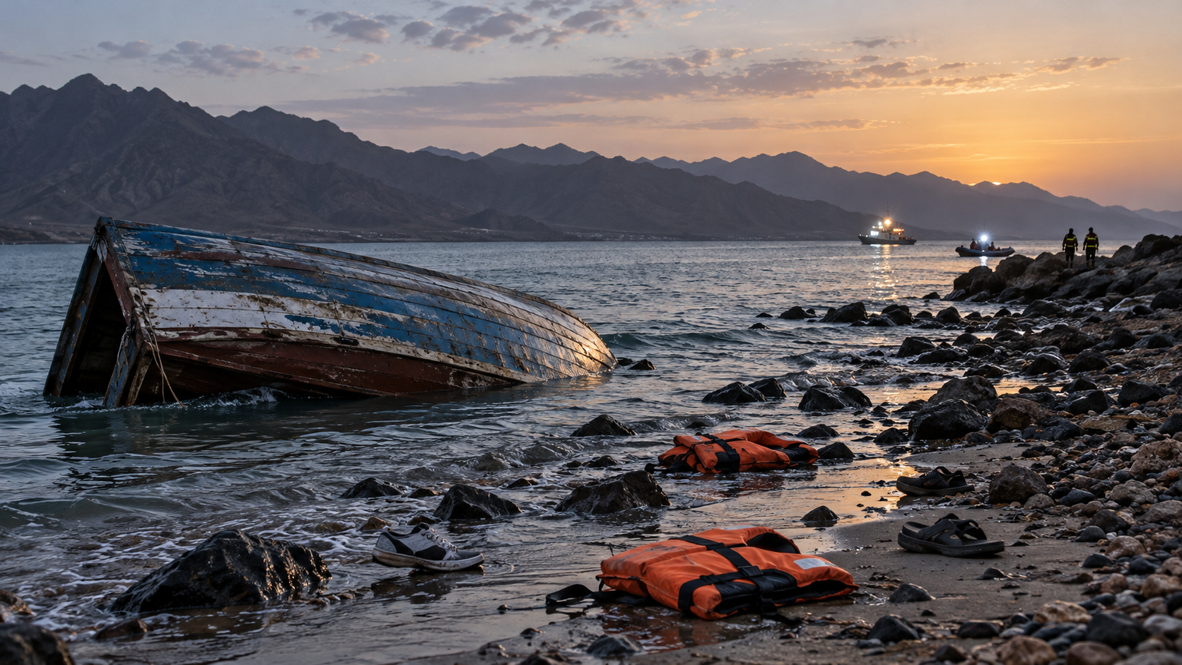 AI-created symbolic editorial image of an overturned wooden boat, empty life jackets and distant rescue vessels on a rocky Djibouti shoreline