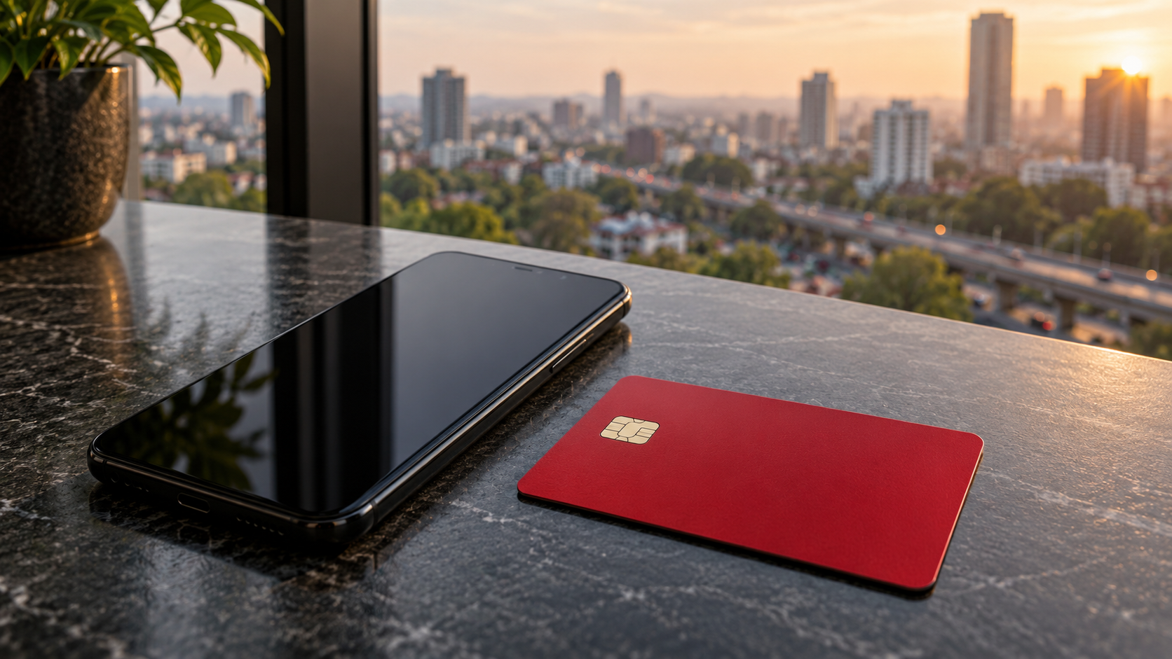 An unlit black smartphone beside a plain red payment card on an imagined stone counter