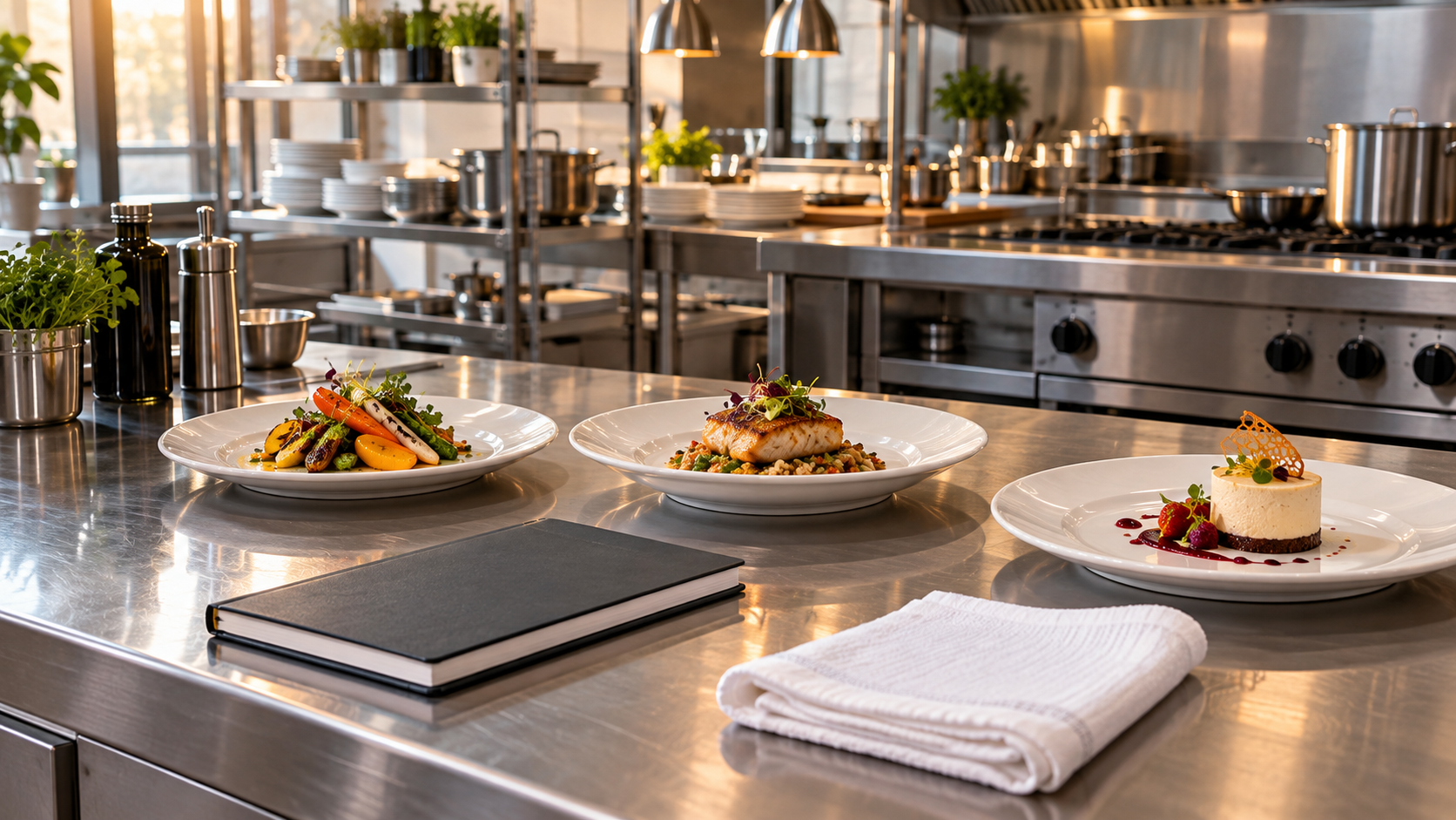 Three plated meals, a closed notebook and a folded cloth on an imagined professional kitchen counter