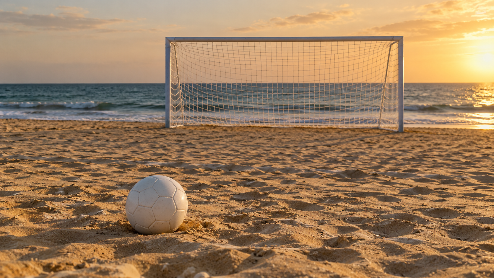 AI-created conceptual image of an empty beach-soccer practice goal and a football on sand beside the coast