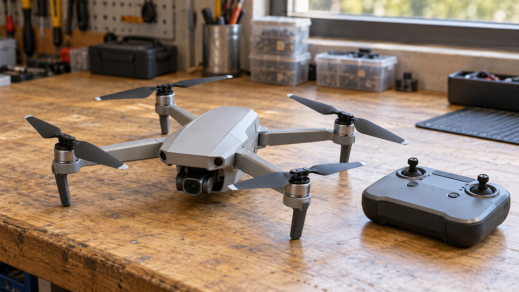 An unbranded four-rotor civilian drone and separate controller resting on an imagined workshop bench