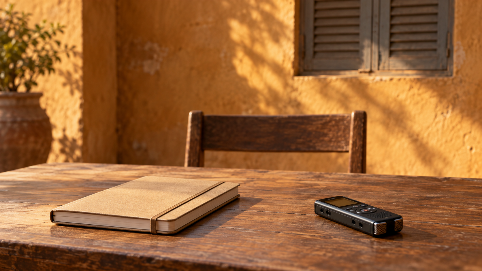 A closed notebook and an audio recorder on an empty imagined interview desk