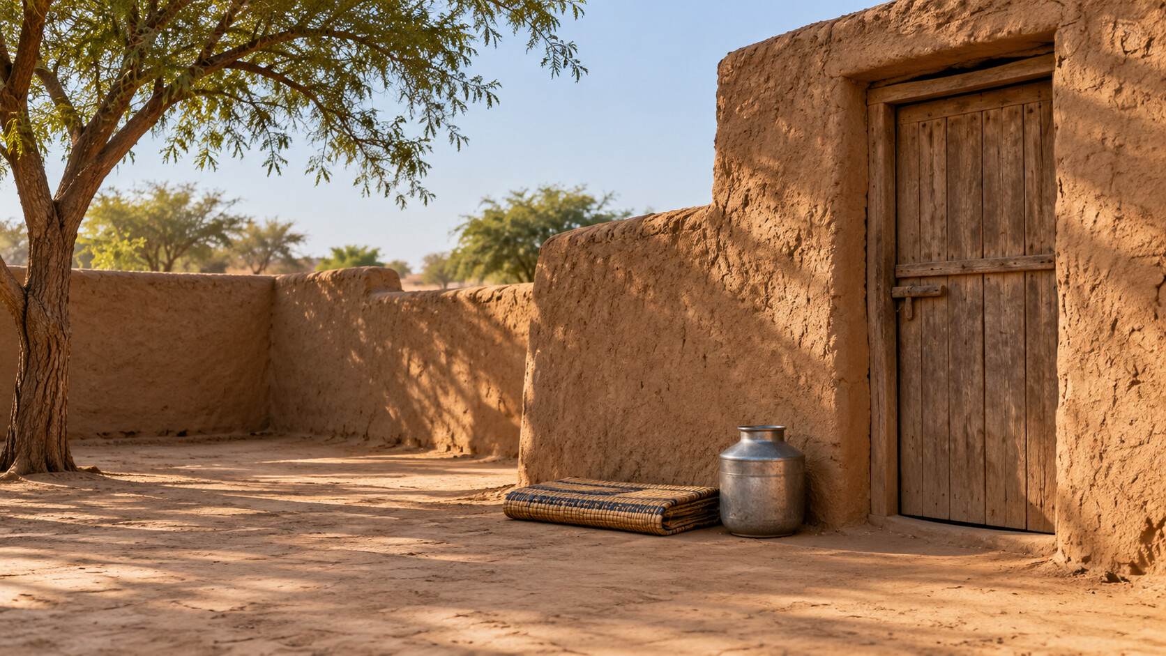 An empty imagined Sahel courtyard with an earthen wall, closed doorway, folded mat and water container