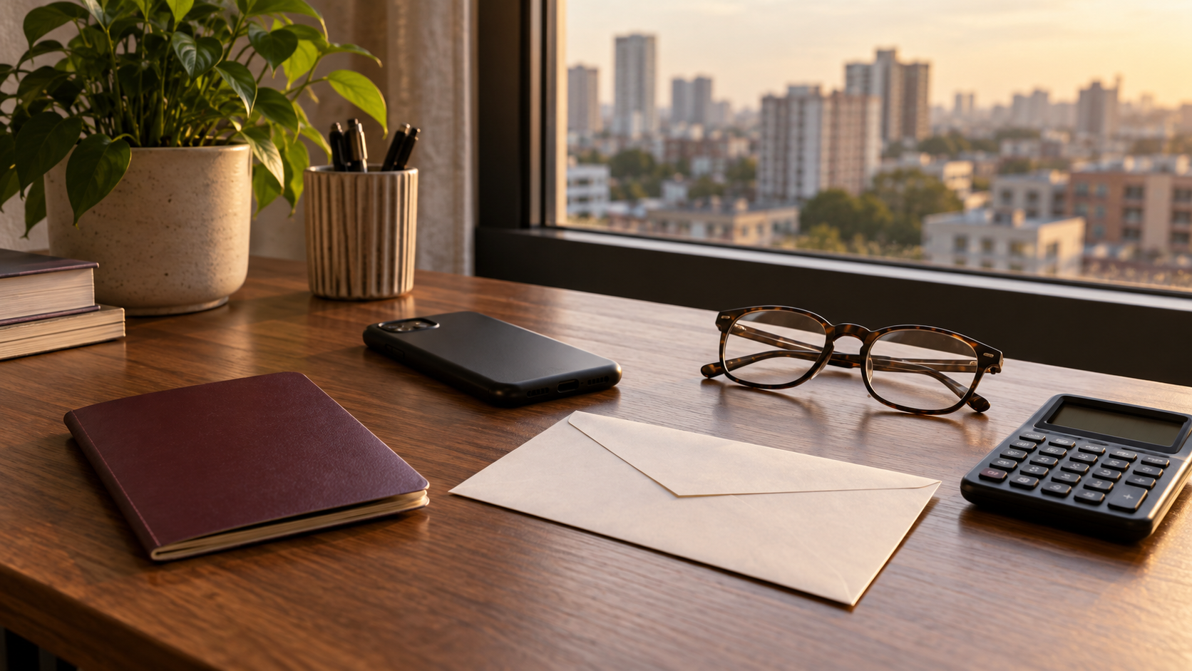 Conceptual home-office desk with a closed passport, face-down phone and unmarked envelope beside a window