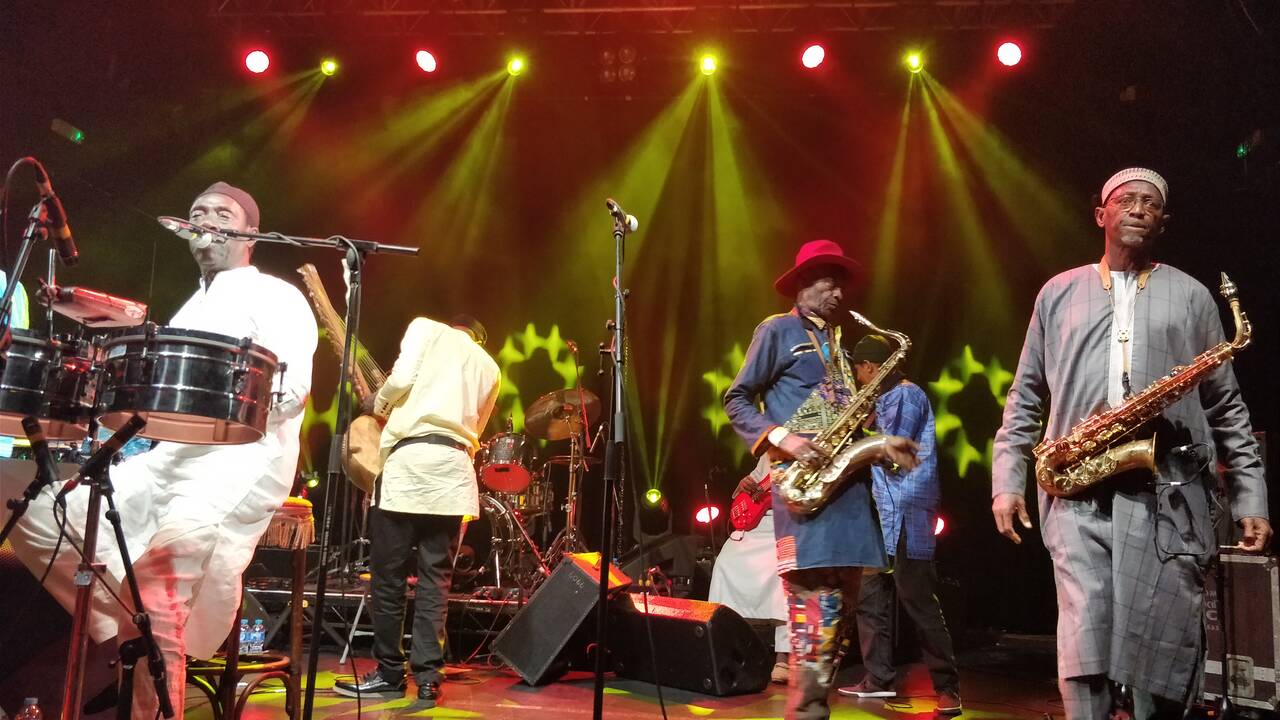 Members of Orchestra Baobab performing with percussion, guitars and saxophones at KOKO in London in 2017