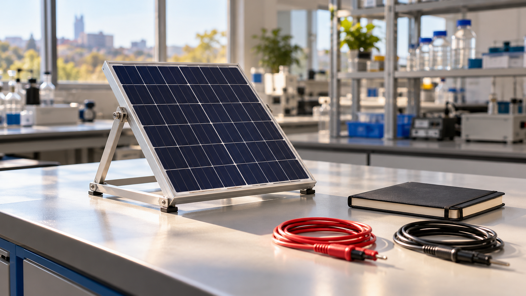 A small solar module on a metal stand beside a notebook and separate test leads on an imagined laboratory bench