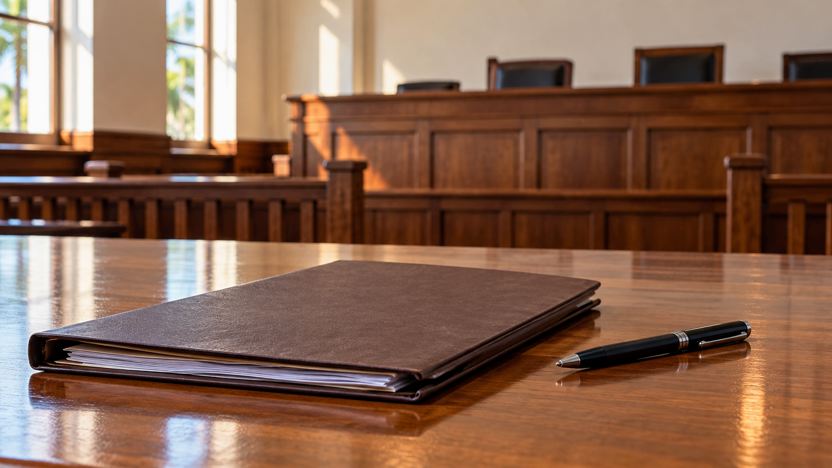 A closed brown case folder and black pen on a table in an imagined empty courtroom
