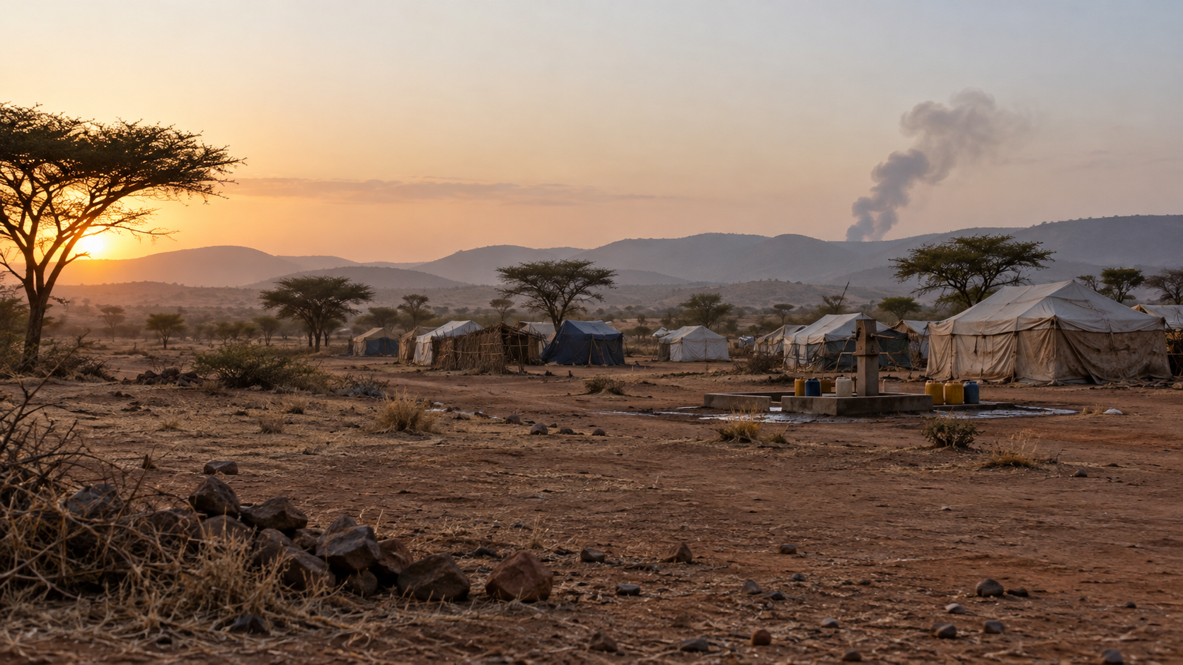 AI-created view of an empty displacement site and water point in a dry Sudanese landscape at dawn, with distant smoke
