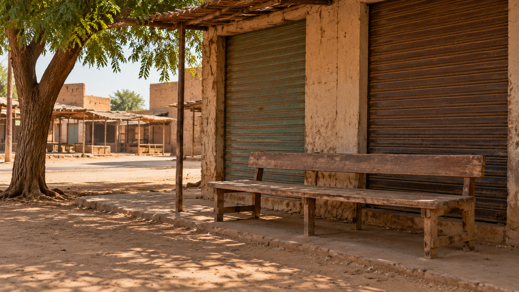 An empty wooden bench beside closed shutters in an imagined shaded market waiting area